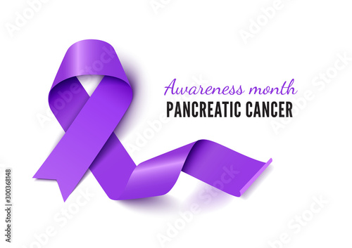 Awareness month for pancreatic cancer banner vector template. Medical disease solidarity campaign. Oncological sickness prevention poster layout. Purple ribbon realistic illustration with typography