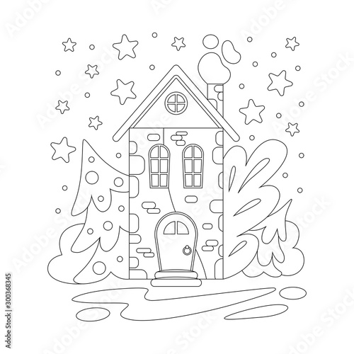 Fairytale house. Winter illustration with a house. Vector. Silhouette linear image for kids coloring