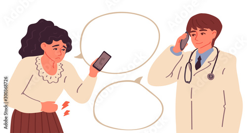 Woman with stomach disease calls a doctor. Technology concept vector design. Vector illustration in freehand drawn style
