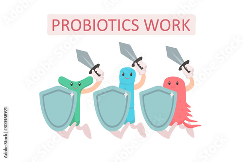 Group of probiotics with shields and swords. Digestion protection concept. Cute characters on a white background. Microscopic bacteria. Vector illustration in freehand drawn style