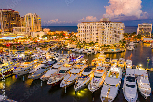 Multimillion dollar yachts in Fort Lauderdale twilight aerial photo boat show © Felix Mizioznikov
