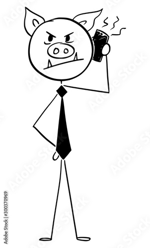 Vector cartoon stick figure drawing conceptual illustration of greedy pig businessman with mobile phone in hand.