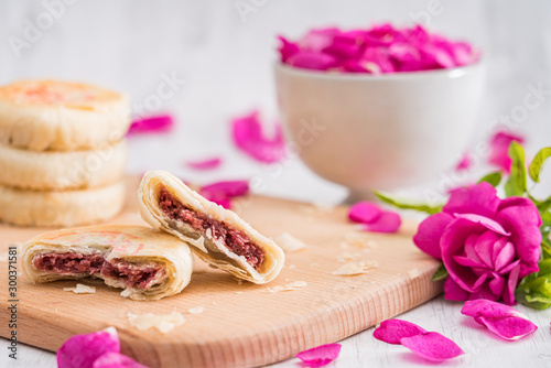 Chinese Yunnan specialty gourmet flower cake on a chopping board