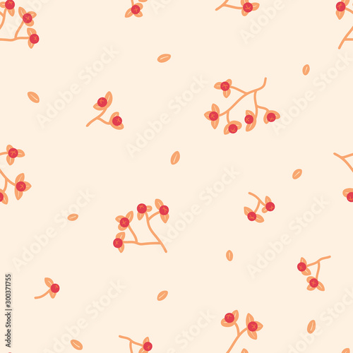 Seamless vector pattern with hand-drawn bittersweet branches and leaves on a cream background. Fresh botanical illustration for stationery, packaging, fabric, home goods.