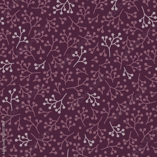 Seamless vector pattern with small hand-drawn elderberry sprigs in shades of purple. Fresh botanical illustration for stationery, packaging, fabric, home goods.