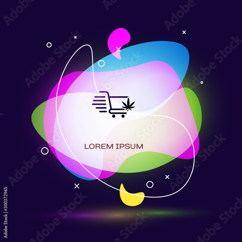 Black Shopping cart with marijuana or cannabis leaf icon isolated on dark blue background. Online buying. Delivery service. Supermarket basket. Abstract banner with liquid shapes. Vector Illustration