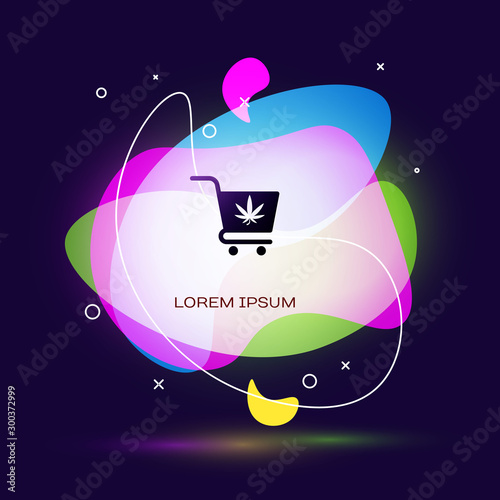 Black Shopping cart with marijuana or cannabis leaf icon isolated on dark blue background. Online buying. Delivery service. Supermarket basket. Abstract banner with liquid shapes. Vector Illustration