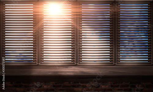Large wooden window. Wooden table, sunshine. wooden blinds. Old brick wall. Room with a large window. 3D illustration. photo