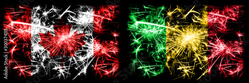 Canada, Canadian vs Mali New Year celebration sparkling fireworks flags concept background. Combination of two abstract states flags © Vlad
