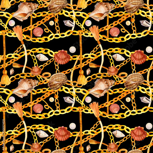 seamless pattern on a black background, watercolor drawing, gold chains, pearls, seashells, beautiful decorations