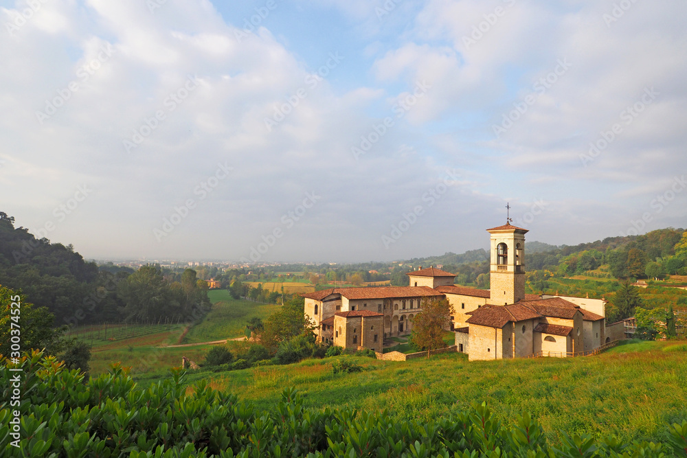 Astino Valley with old monastery, idyllic landscape near Bergamo, Italy.
