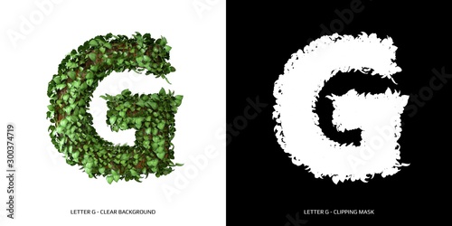 Letter G uppercase with tree shape with leaves. 3D Illustration.