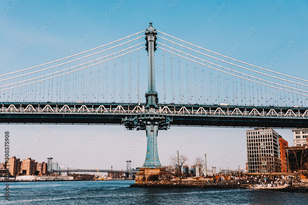 Manhattan Bridge in New York City seen from Brooklyn Bridge Park