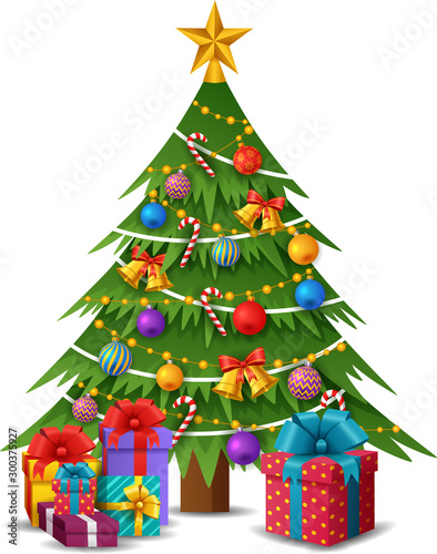 Christmas tree with decorations and gift boxes. Vector illustration