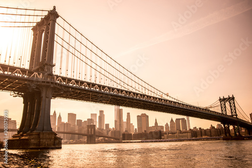 Manhattan Bridge in New York City seen from Brooklyn Bridge Park