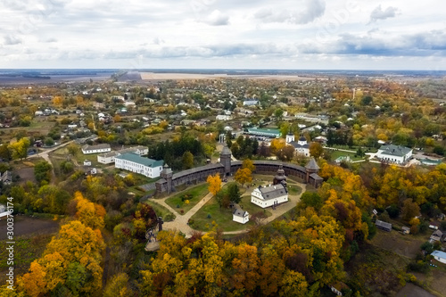 Aerial view of Baturyn Castle in Ukraine at autumn. photo