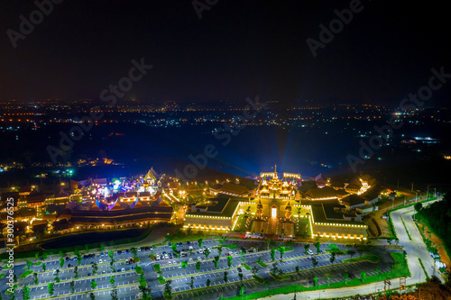 Aerial view of Legend Siam with symphony light show at night, Pattaya Thailand. Select focus.