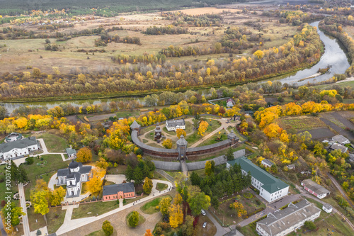 Aerial view of Baturin Castle with the Seym River in Chernihiv Oblast of Ukraine. Beautiful autumn landscape.
