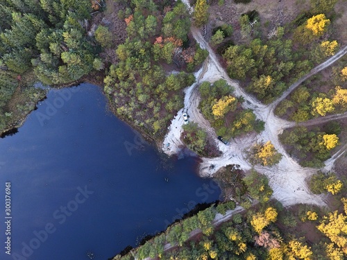 Autumn. On the top of the forest. Drone footage.