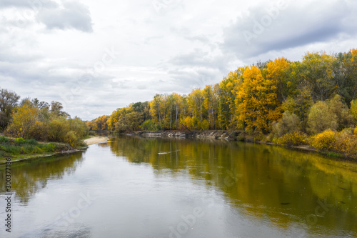 Aerial view of the Beautiful River Landscape at autumn. Cloudy day.