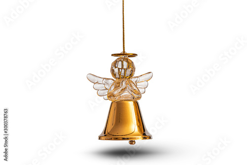 There is flying gold/yellow angel on the white background. Merry Christmas. Happy New Year 2020. 