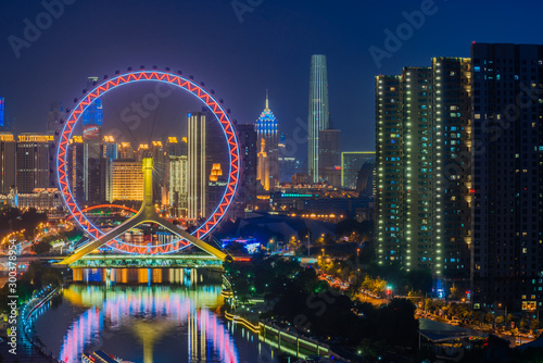 A close-up of Ferris wheel at night in Tianjin, China