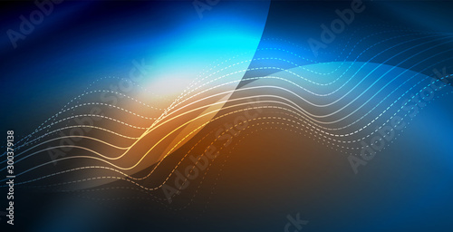 Glowing abstract wave on dark, shiny motion, magic space light. Vector techno abstract background