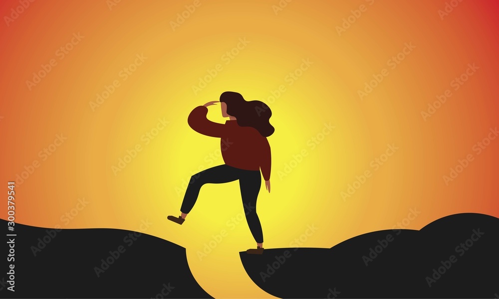 woman traveler or explorer standing on top of a mountain or cliff and looking straight. Trendy flat illustration concept of discovery, exploration, hiking, adventure tourism, travel