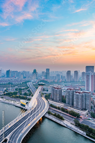 Photography Early morning city scenery of Chifeng Bridge, Tianjin, China