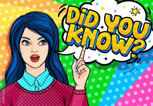Concept of interesting facts. Girl with index finger up with Did you know message