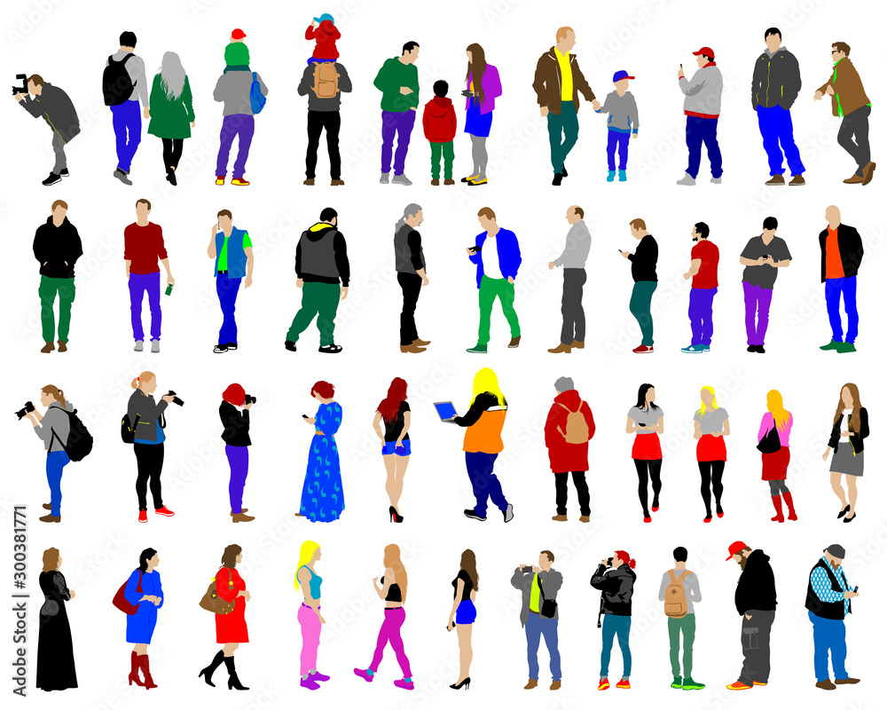 Men and women in street clothes on a white background