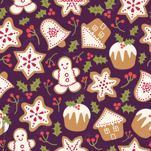 Seamless vector pattern with gingerbreads. winter berries and Christmas pudding.