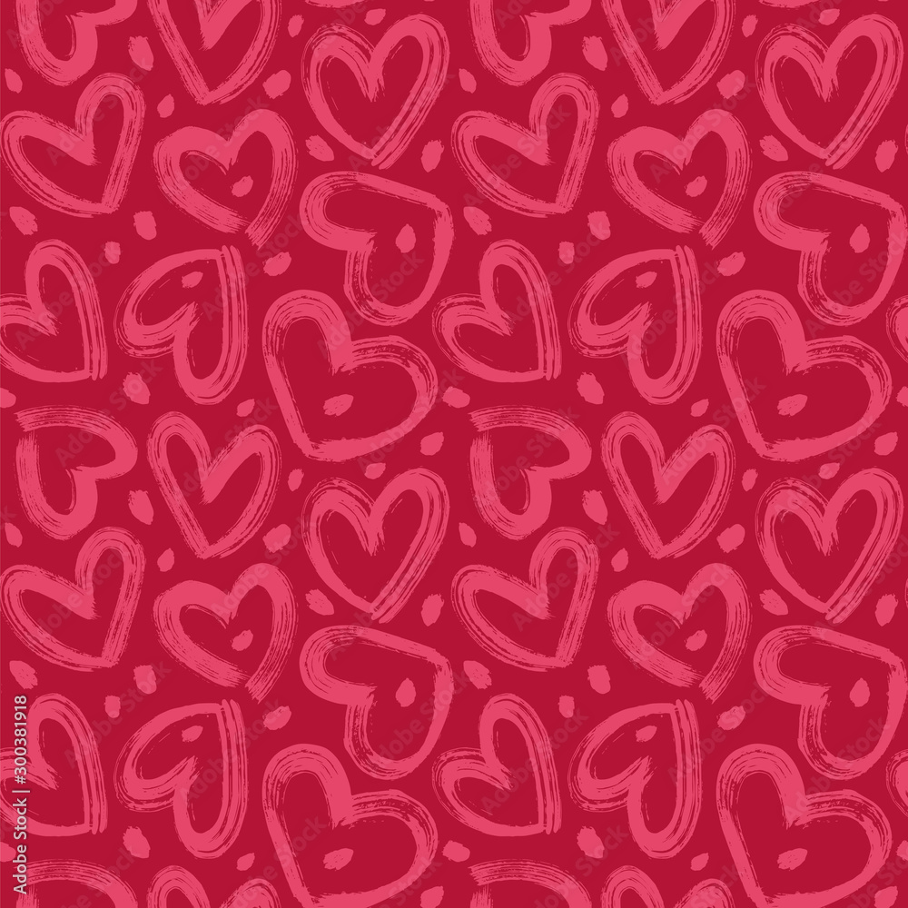 Brush strokes hearts and spots on a red background. Seamless vector pattern in Valentine's Day theme. Brush strokes hearts and spots on a red background. Seamless vector pattern in Valentine's Day theme.