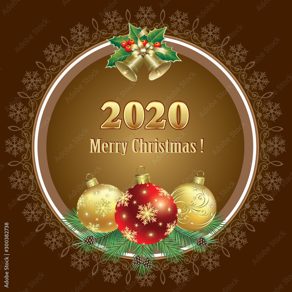 2020 Happy New Year Christmas decorations in circle of snowflakes on dark background. Vector illustration