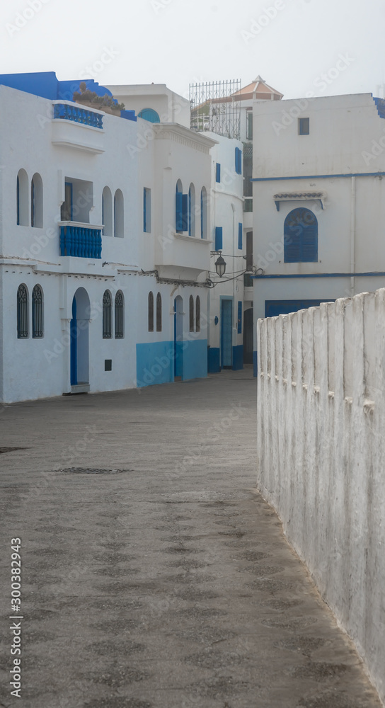 White blue houses on the Atlantic coast in Asilah, Morocco
