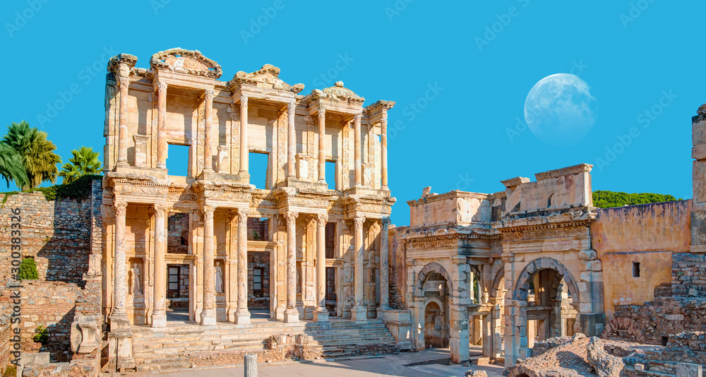 Celsus Library in Ephesus with full moon - Kusadasi, Turkey  