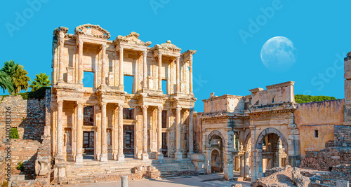 Fototapeta Naklejka Na Ścianę i Meble -  Celsus Library in Ephesus with full moon - Kusadasi, Turkey  