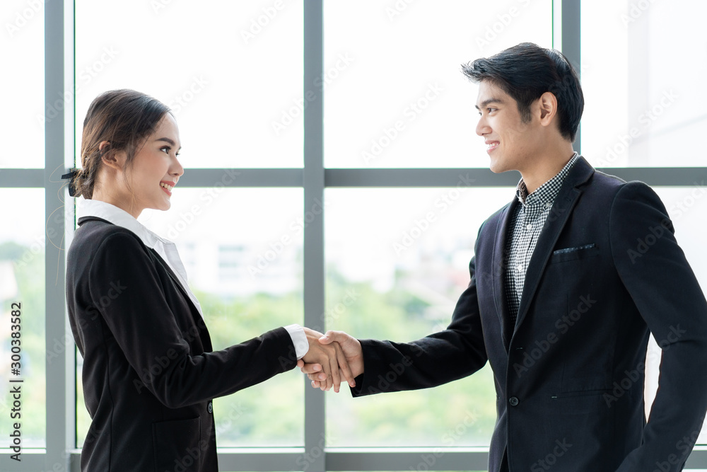 Businessman and businesswoman doing a handshake after business talk. Concept of professional business people. Businessman and businesswoman doing a handshake after business talk. Concept of professional business people.