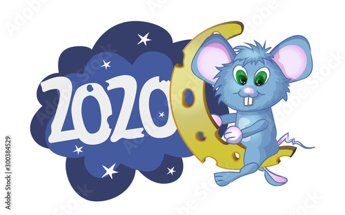 Cute cartoon mouse sitting on a piece of cheese. Vector illustration with simple gradients.