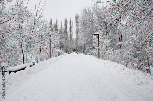 December 13, 2018. White snow-covered road goes to the Menorah monument - a monument dedicated to the murder of Jewish civilians in Babi Yar during the Second World War, Ukraine © Nataliia