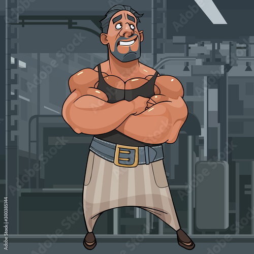cartoon muscle man bodybuilder stands and dreams