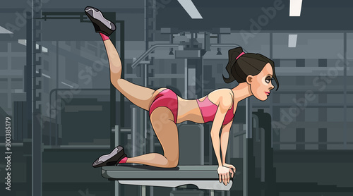 cartoon woman doing exercise raised her leg back while being in the gym