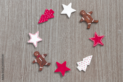 Christmas composition. Christmas wreath on wooden background