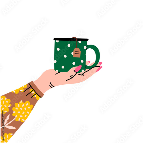Female hand holding cup with tea. Side view. Flower print on sleeve. Hand drawn colored trendy vector illustration. Cartoon style. Flat design. Isolated on a white background