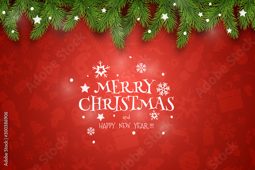 Christmas Vector Composition. Holiday Wishes on Red Background with Fir Branches. For Greeting Card, Poster and Banner.