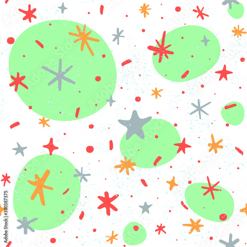 Christmas clipart hand drawn seamless vector pattern. Xmas sketch texture. Color decorated snowflakes and stars. New Year textile, wrapping paper, background design