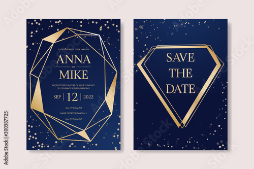 Wedding Invitation universe set in navy blue with gold diamond frame and stars, thank you, save the date card design, night sky with stars, space elegant rustic baskground, vector.