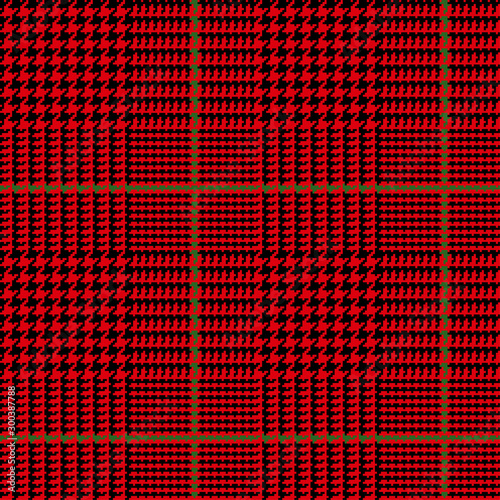  Red Black Glen Plaid Seamless Vector Pattern with Green Overcheck. Christmas Background. 8x8 Houndstooth Prince of Wales Check. Scottish Fabric Print. Pixel Pattern Tile Swatch Included.