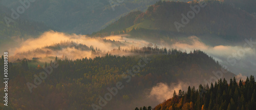 Misty Mountains Fog over forests and hills in Carpathian Mountains
