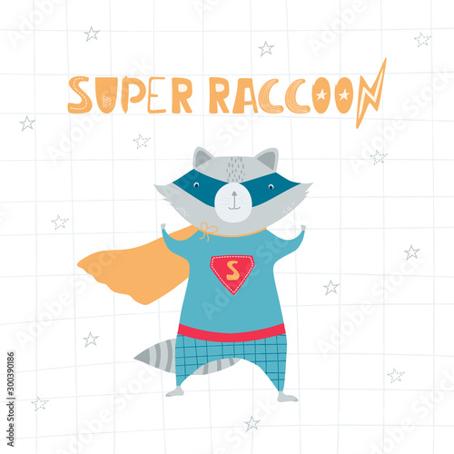 Cute, funny raccoon in superhero costume, mask, stars, lightning and handwritten lettering superraccoon in flat style. Illustration for children, postcards, banner. Vector